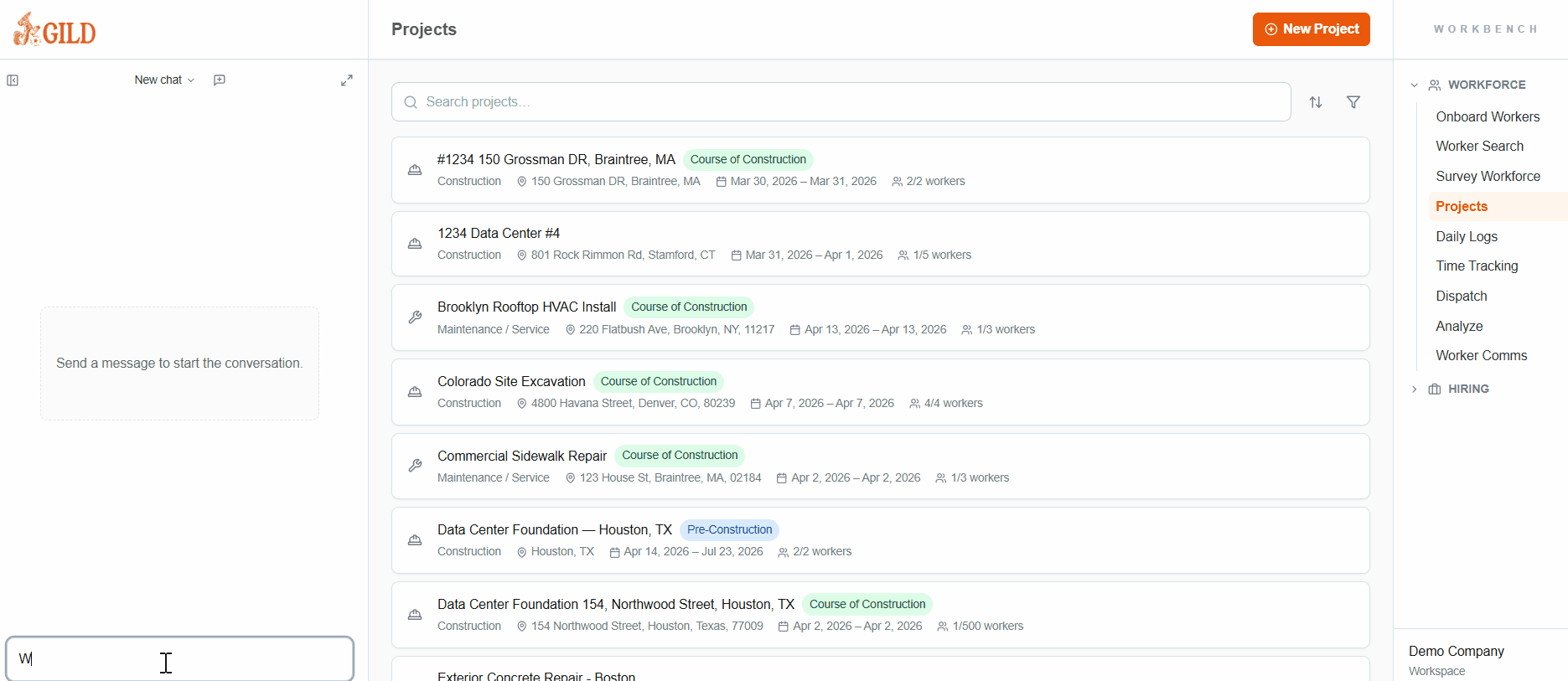 Forge daily logs — project list with status, location, dates, and crew counts