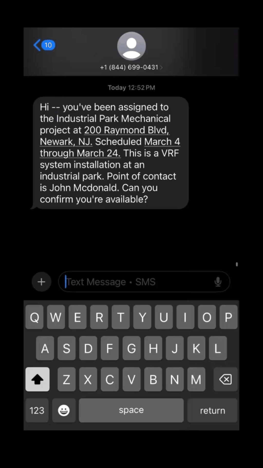 Worker SMS — dispatch confirmations, daily logs, clock-in