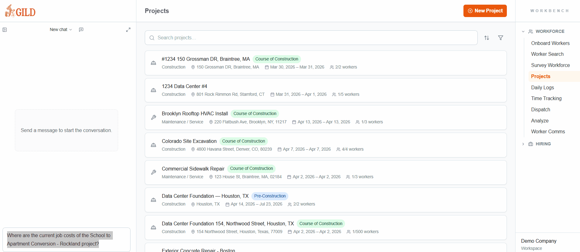 Forge job costing — project list with AI chat querying live job costs