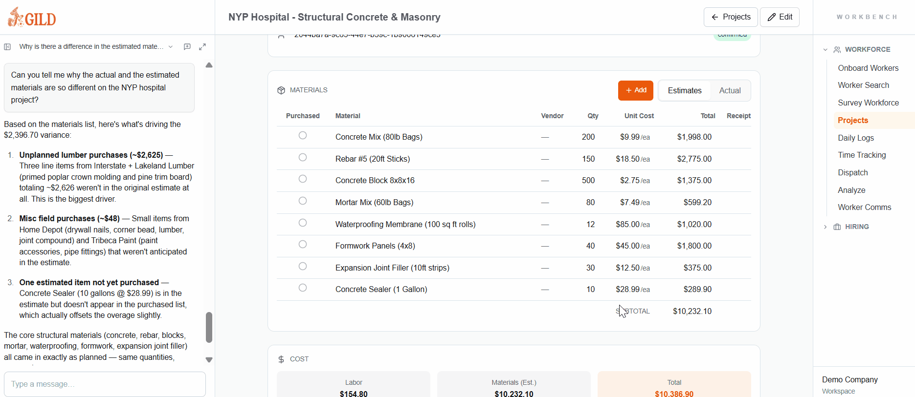 Forge materials management — estimated vs actual purchases, budget variance by project
