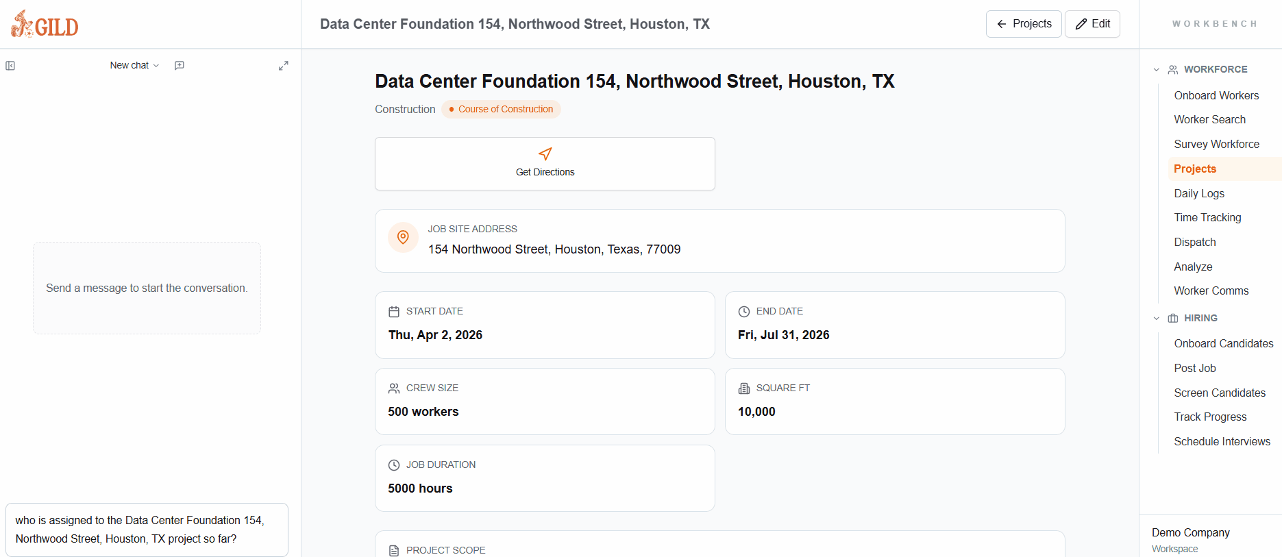 Forge project management — project detail with crew size, scope, dates, and AI assignment query