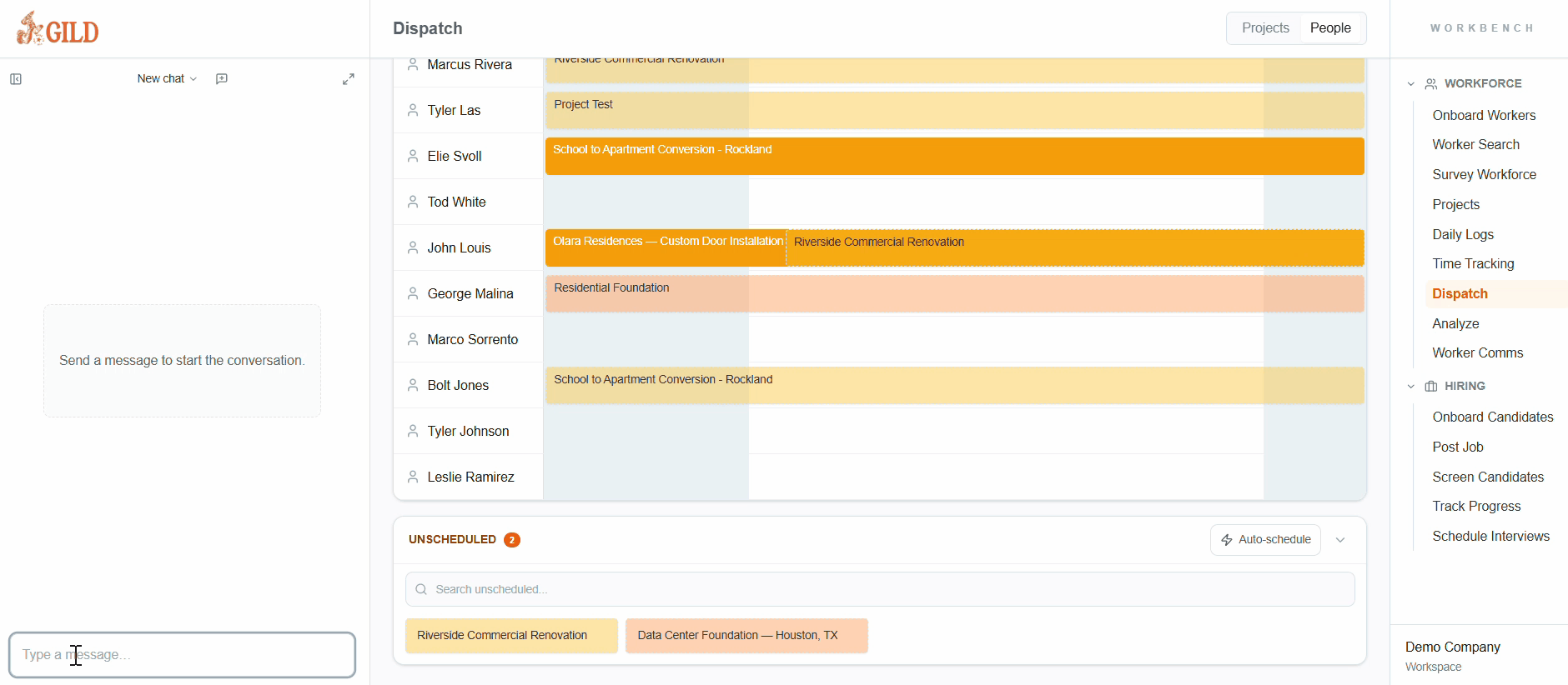 Forge scheduling and dispatch — worker timeline, project assignments, unscheduled queue